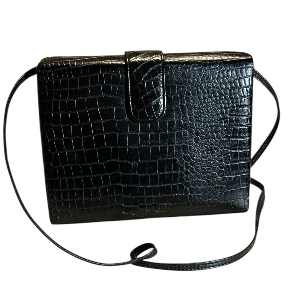 Aspects Vintage Black Croc Embossed Square Box Style Crossbody Bag Clutch